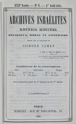 Archives israélites de France. Vol.22 N°08 (août 1861)